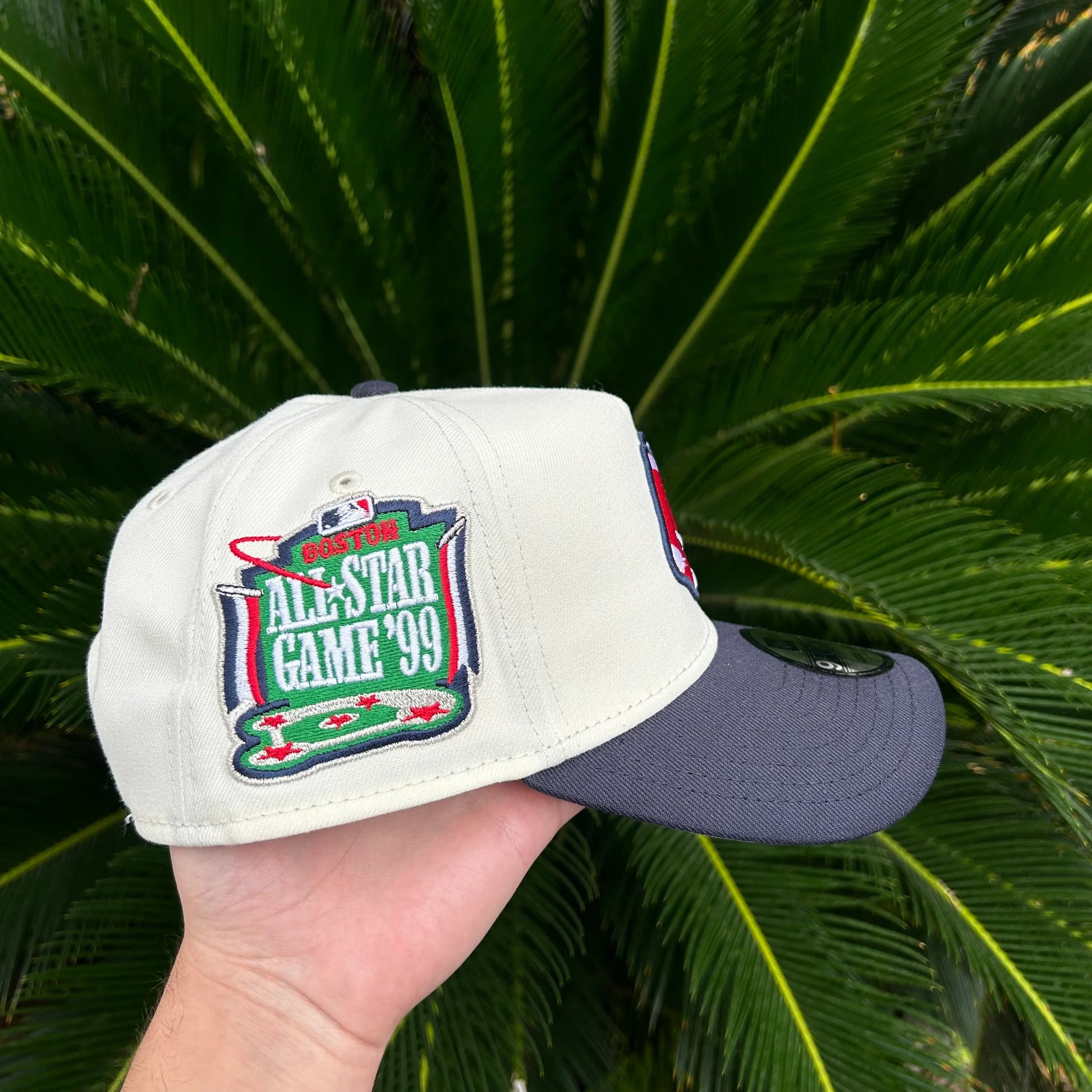 Gorra gris y blanca con bordado Boston All Star Game '99 sostenida frente a hojas verdes grandes